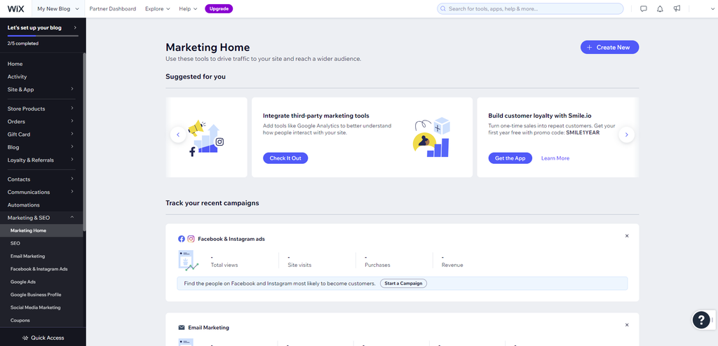 The marketing and SEO section in Wix dashboard