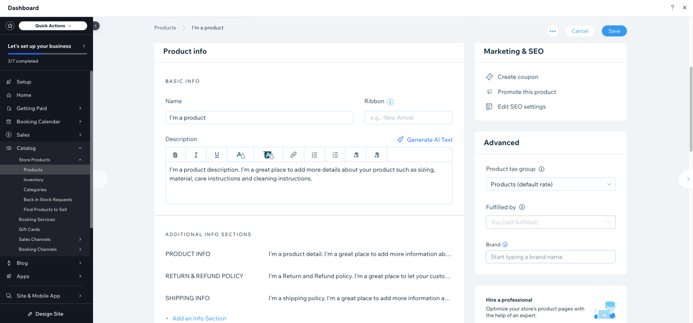 Adding a new product in Wix