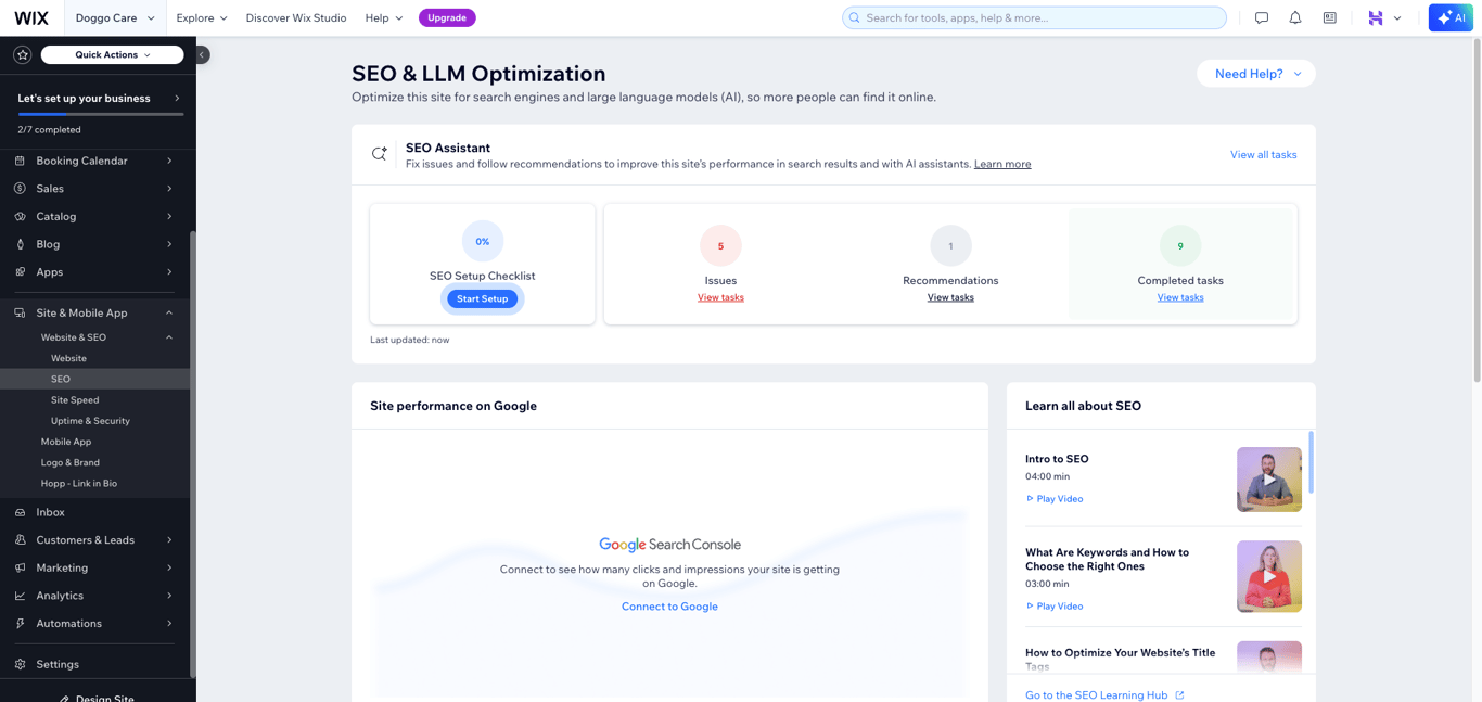 Wix SEO section in the dashboard