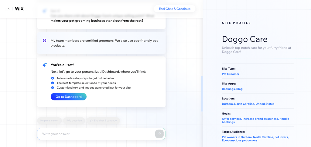 Wix Site Creation interface, powered by AI