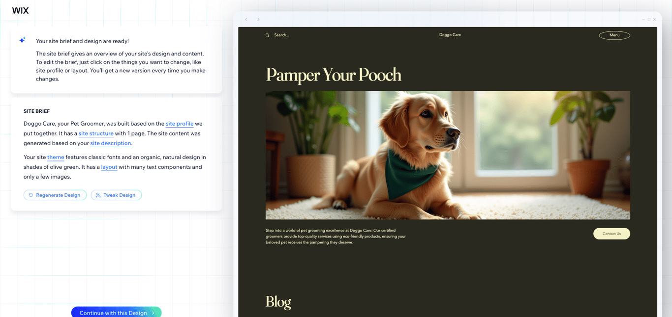 Generating a Wix website design with AI