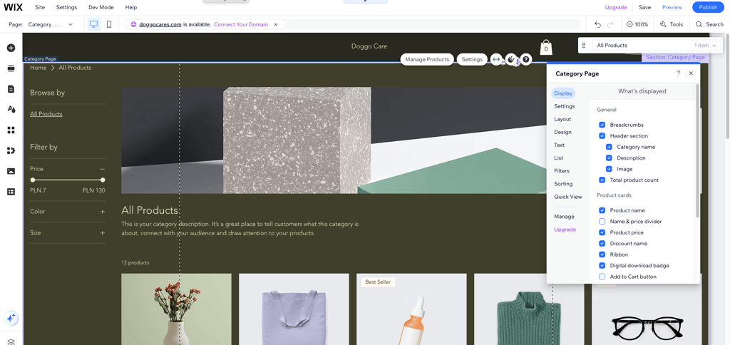 Wix store settings in the editor