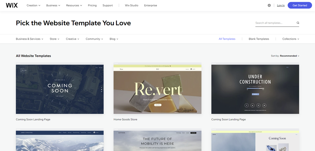 Wix template directory, containing over 800 pre-built options