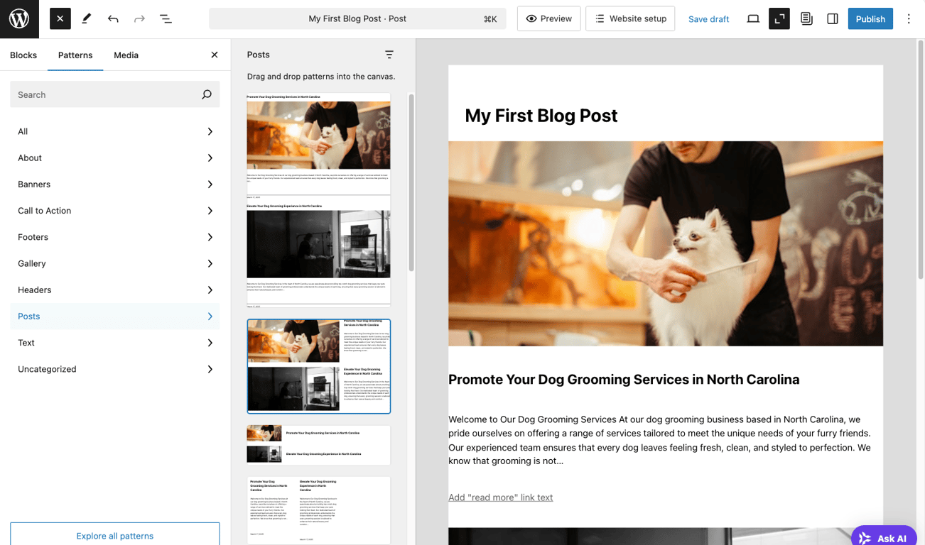 Creating a WordPress post using patterns