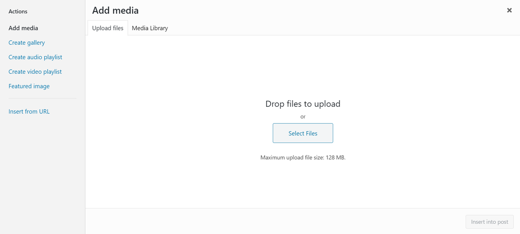 Screenshot of WordPress's classic editor Add media popup window WordPress classic editor's Add media popup window