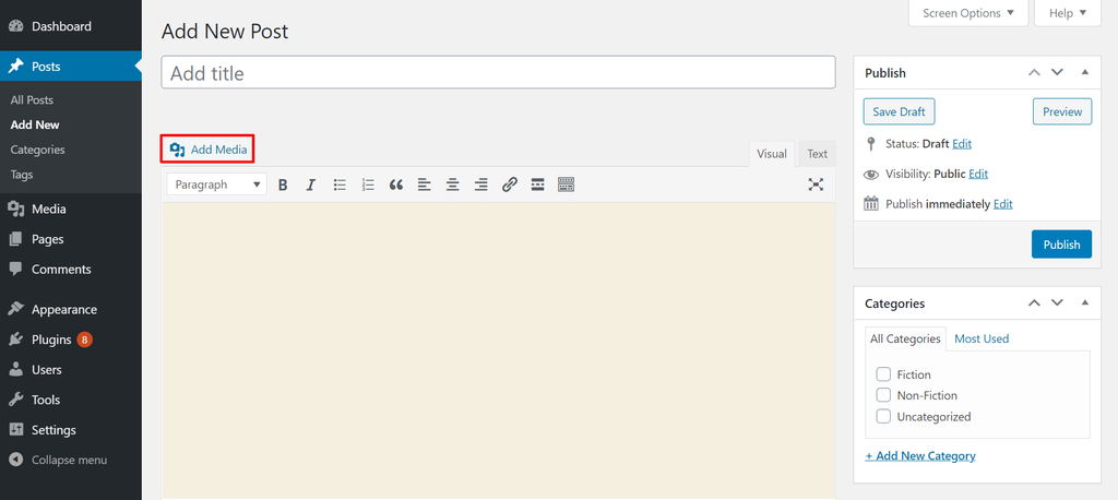 Screenshot of WordPress's classic editor Add New Post page WordPress classic editor's Add New Post page