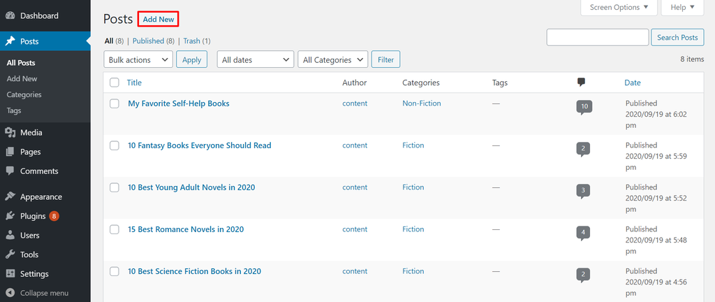 Screenshot of the WordPress Posts page with the Add New button highlighted WordPress Posts page with the Add New button highlighted
