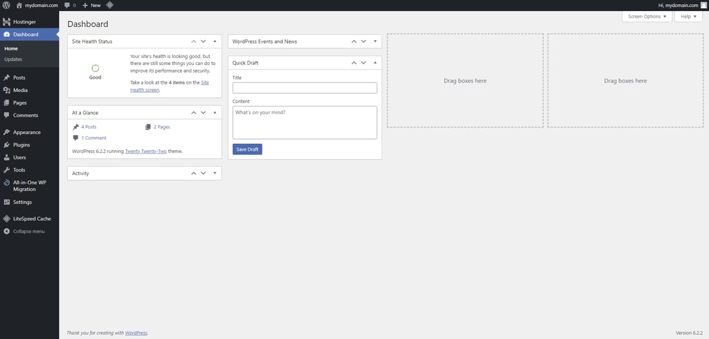WordPress admin dashboard showcasing website settings