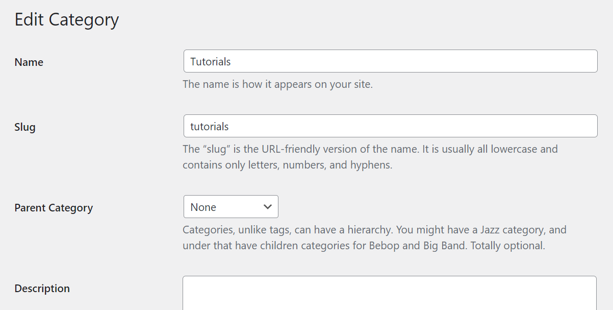 WordPress edit category section