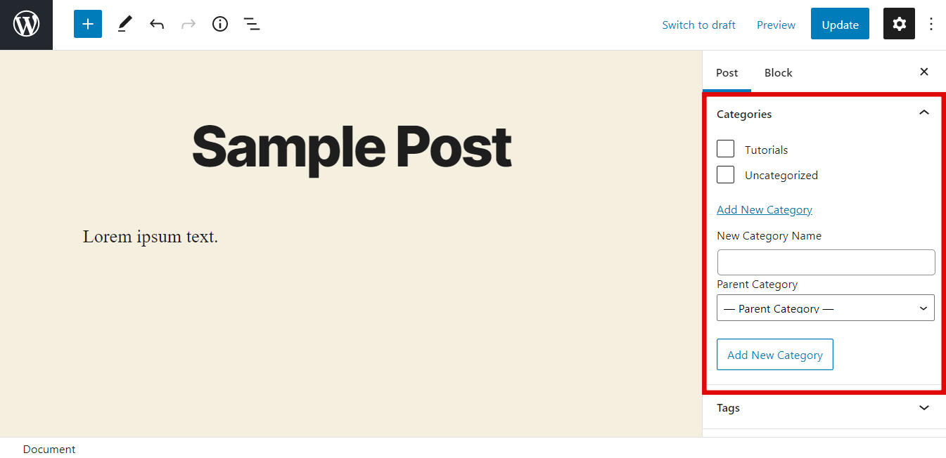 Categories section in the WordPress editor