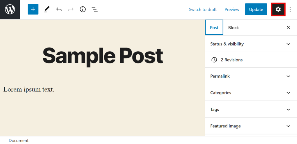 Settings button in the WordPress editor