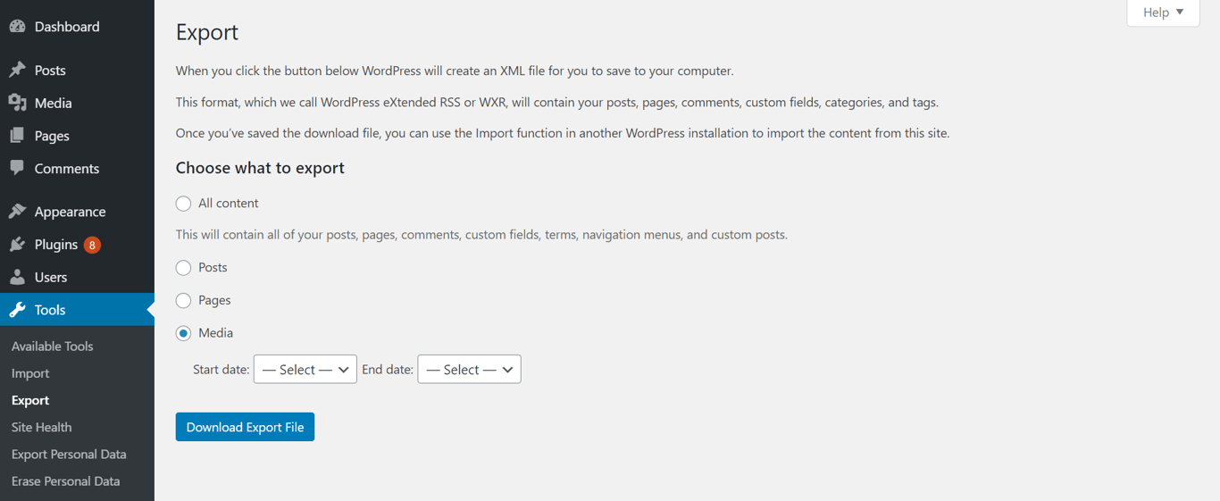 Screenshot of the WordPress export page with the Media button selected WordPress export page with the Media button selected