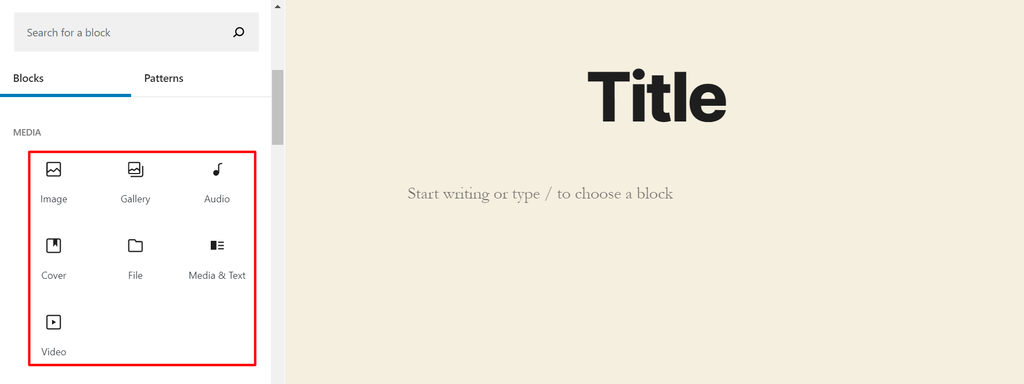 Screenshot of the WordPress Gutenberg editor's block library with the media section shown WordPress Gutenberg editor's block library with the media section shown