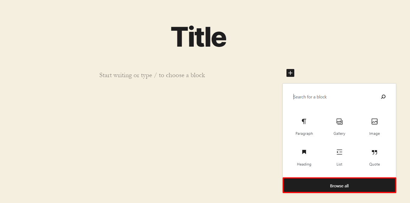 Screenshot of the WordPress Gutenberg editor with multiple block types presented WordPress Gutenberg editor with multiple block types presented
