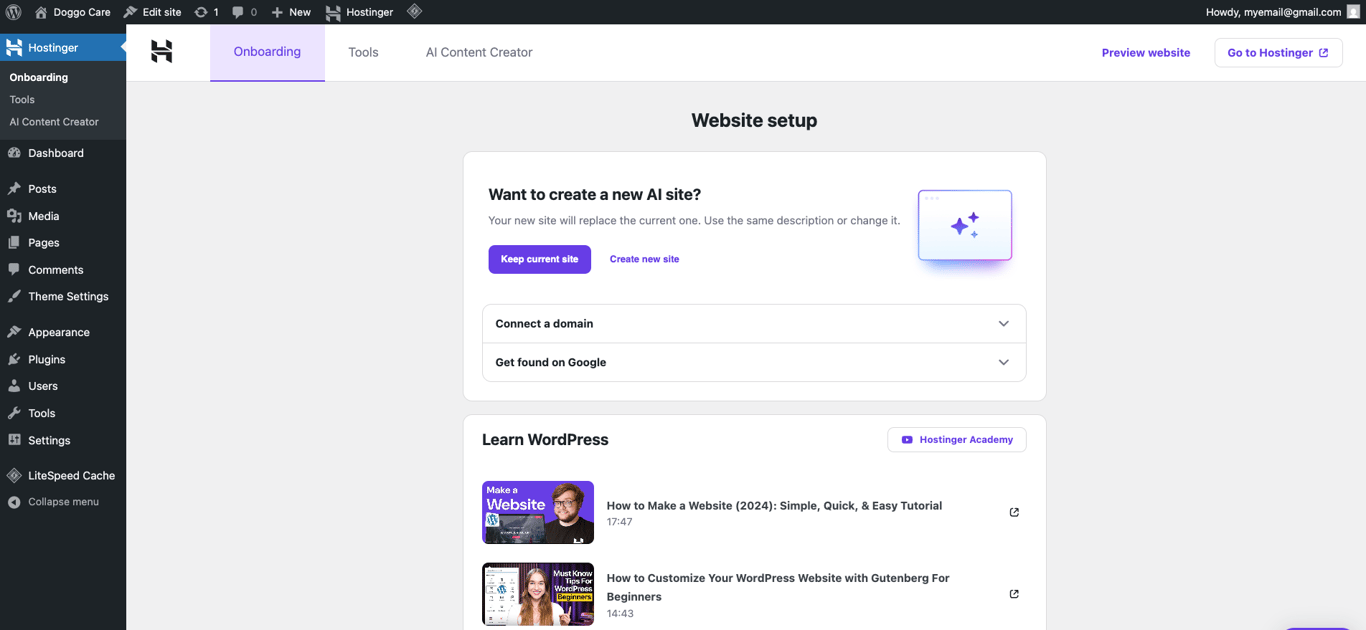 WordPress onboarding via Hostinger plugin