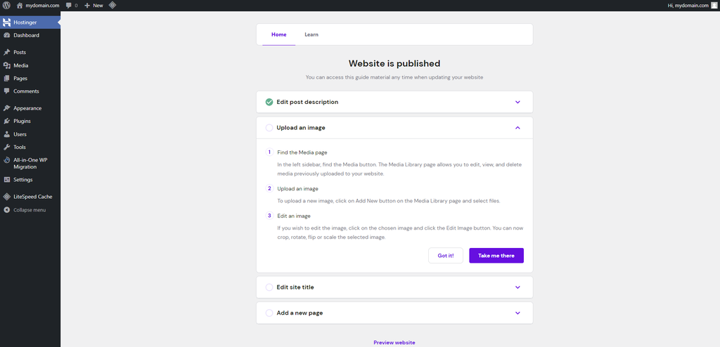 The interface of Hostinger plugin, showcasing the basic actions of setting up a WordPress website