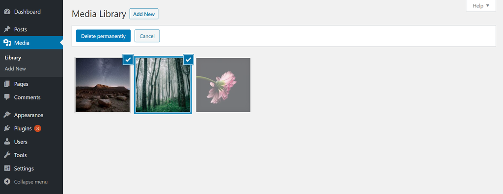 Screenshot of the WordPress Media Library's Bulk select functionality, with two out of the three media files available selected WordPress Media Library's Bulk select functionality, with two out of the three media files available selected