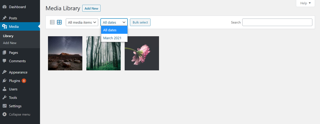 Screenshot of the drop-down menu used to filter items in the WordPress Media library by media upload date The drop-down menu used to filter items in the WordPress Media library by media upload date