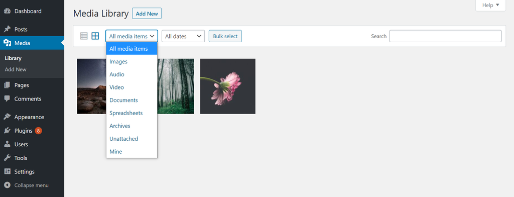 Screenshot of the drop-down menu used to filter items in the WordPress Media library by media type The drop-down menu used to filter items in the WordPress Media library by media type
