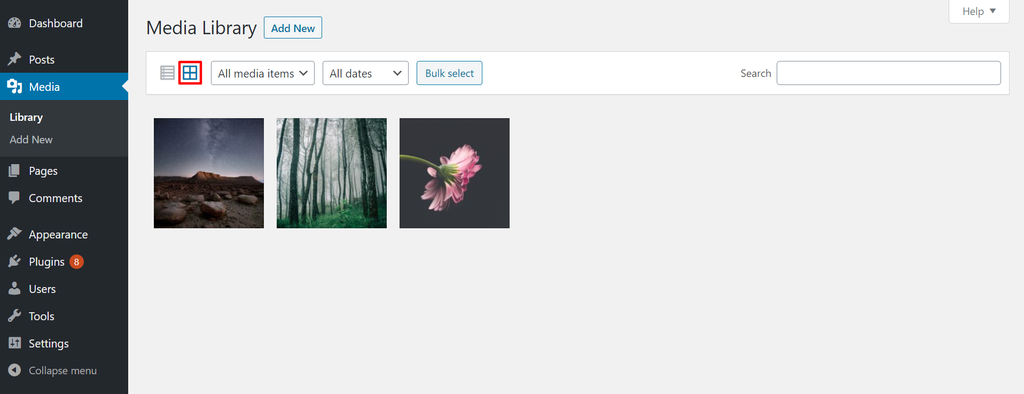 Screenshot of the grid view of the WordPress Media Library The grid view of the WordPress Media Library