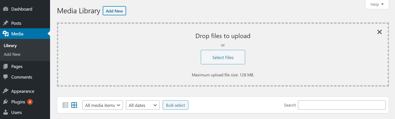 Screenshot of the WordPress Media Library's new file upload box WordPress Media Library's new file upload box