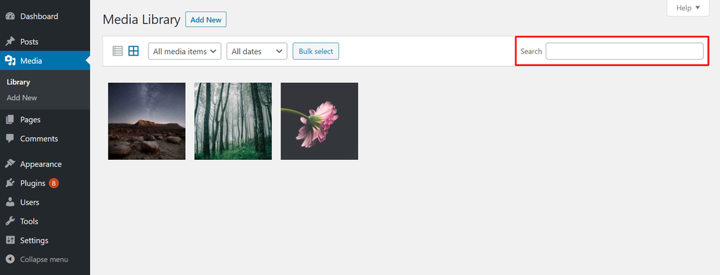 Screenshot of the WordPress Media Library with the search bar highlighted WordPress Media Library with the search bar highlighted