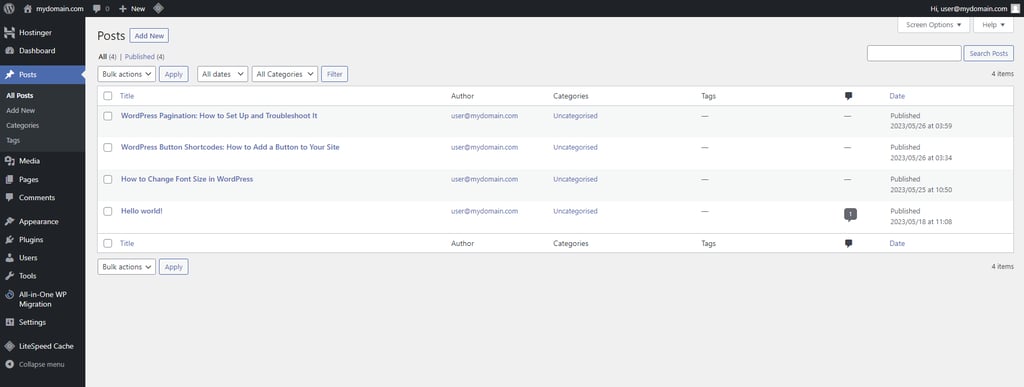 WordPress admin dashboard showcases posts section