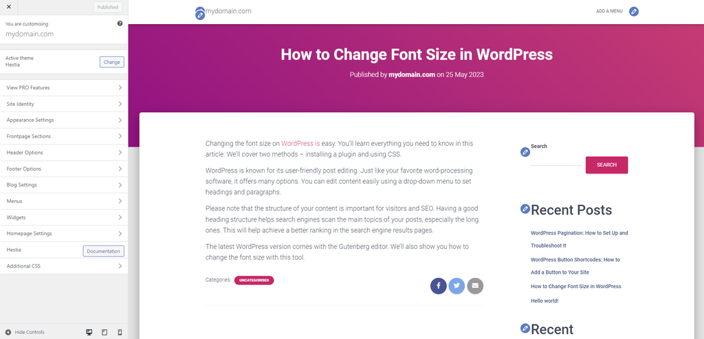 The interface of WordPress theme editor