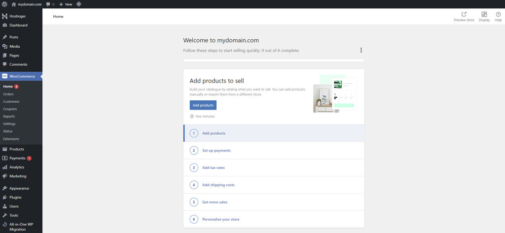 WooCommerce homepage in WordPress admin dashboard