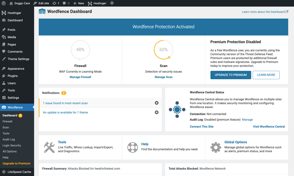 Wordfence dashboard in WordPress