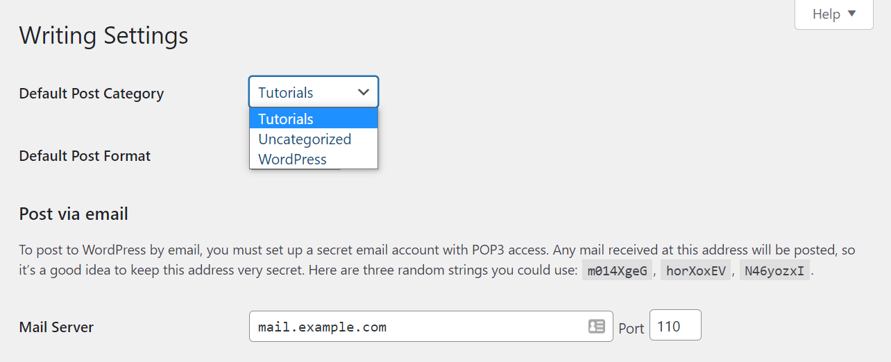 WordPress writing settings for categories