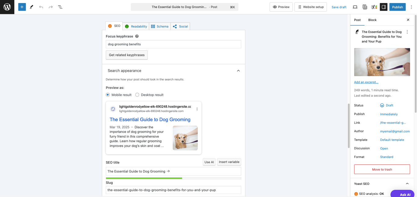 Yoast SEO content analysis in a WordPress post