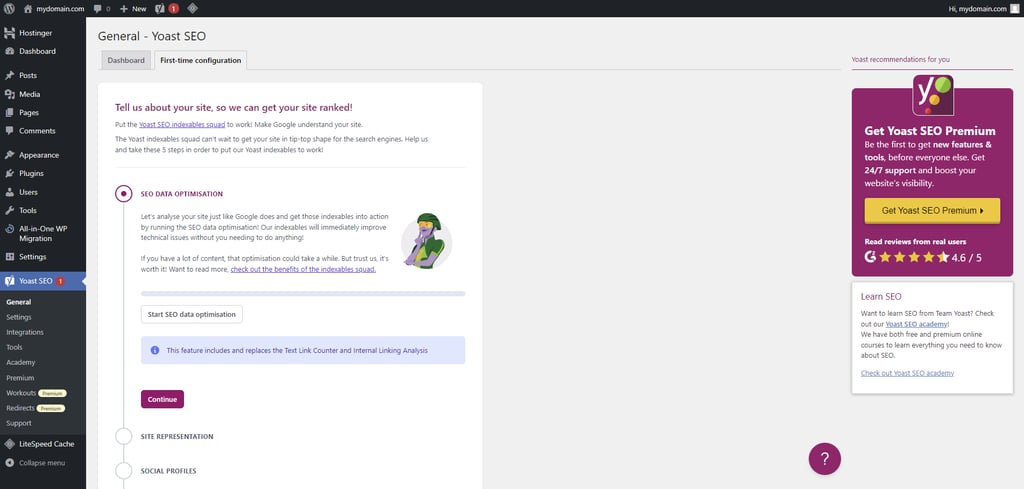 Yoast SEO setup page in WordPress
