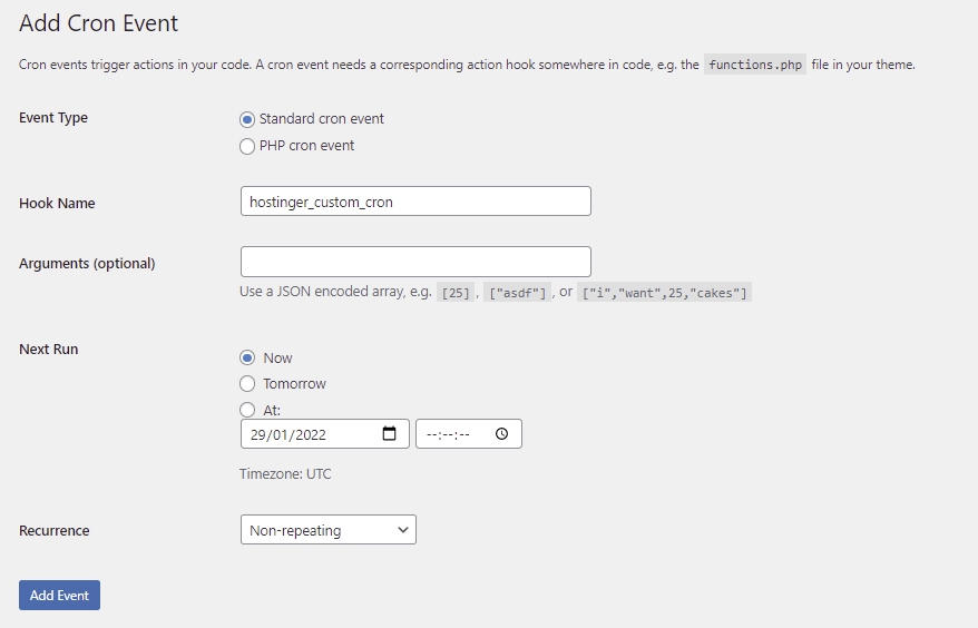 The fields the user needs to fill to create a new cron event
