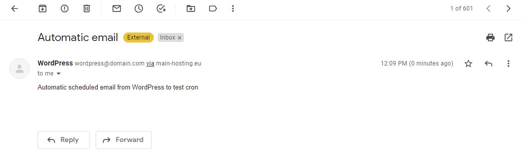 The test email that WordPress sent when the new cron event was triggered