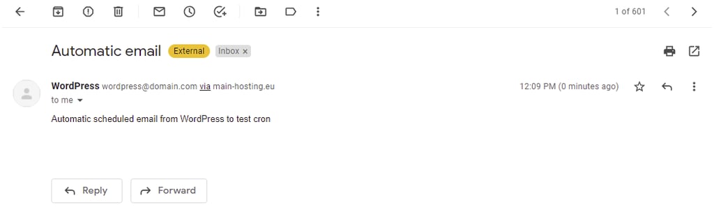 The test email that WordPress sent when the new cron event was triggered