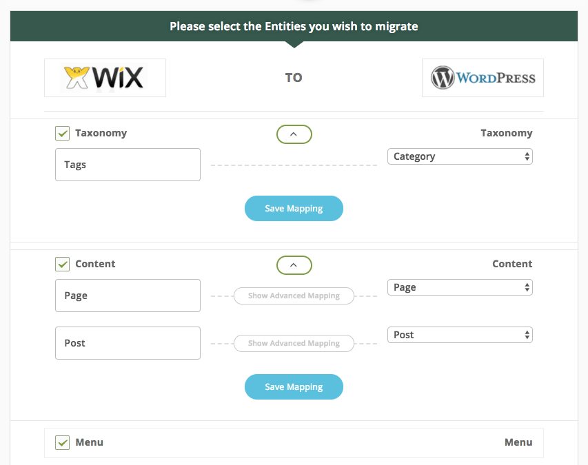 Screenshot of the CMS2CMS migration settings - opting to migrate from Wix to WordPress