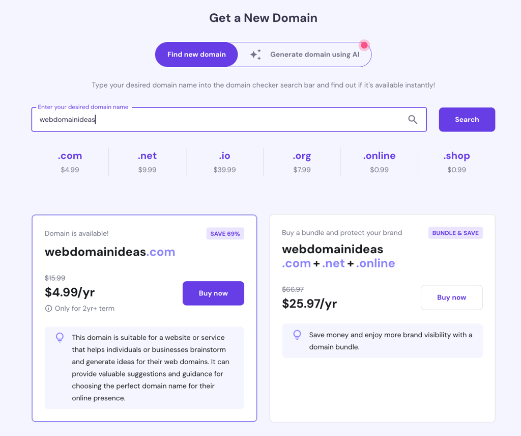 Hostinger domain checker and a domain bundle offer