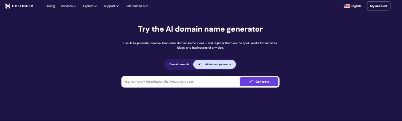 Hostinger domain name generator landing page with a search field