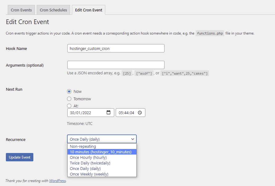 Edit Cron Event page, changing the recurrence of an existing cron event