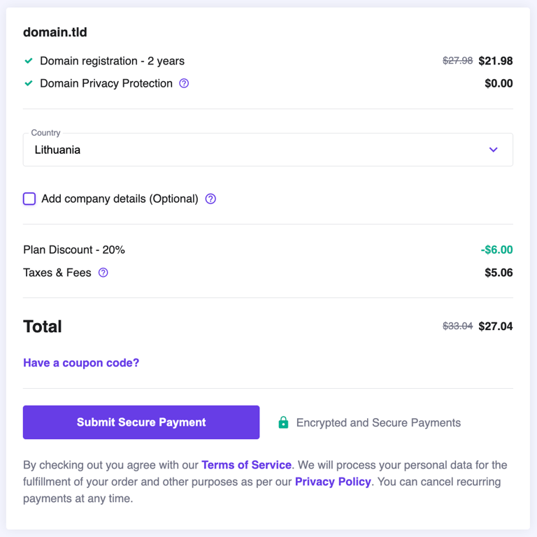 The purchase page for a domain at Hostinger