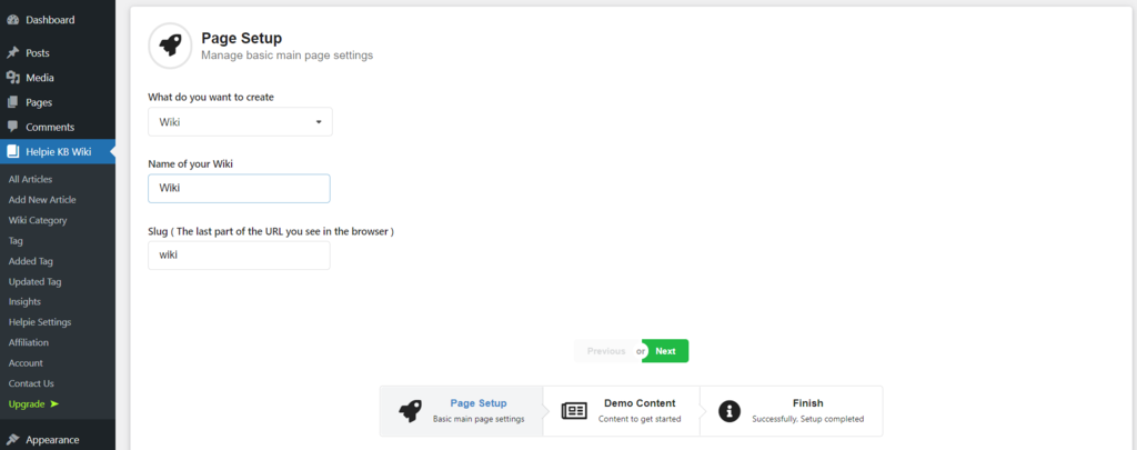 Helpie's page setup settings in the WordPress dashboard