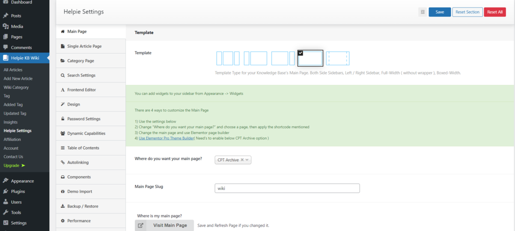 More Helpie's settings in the WordPress dashboard