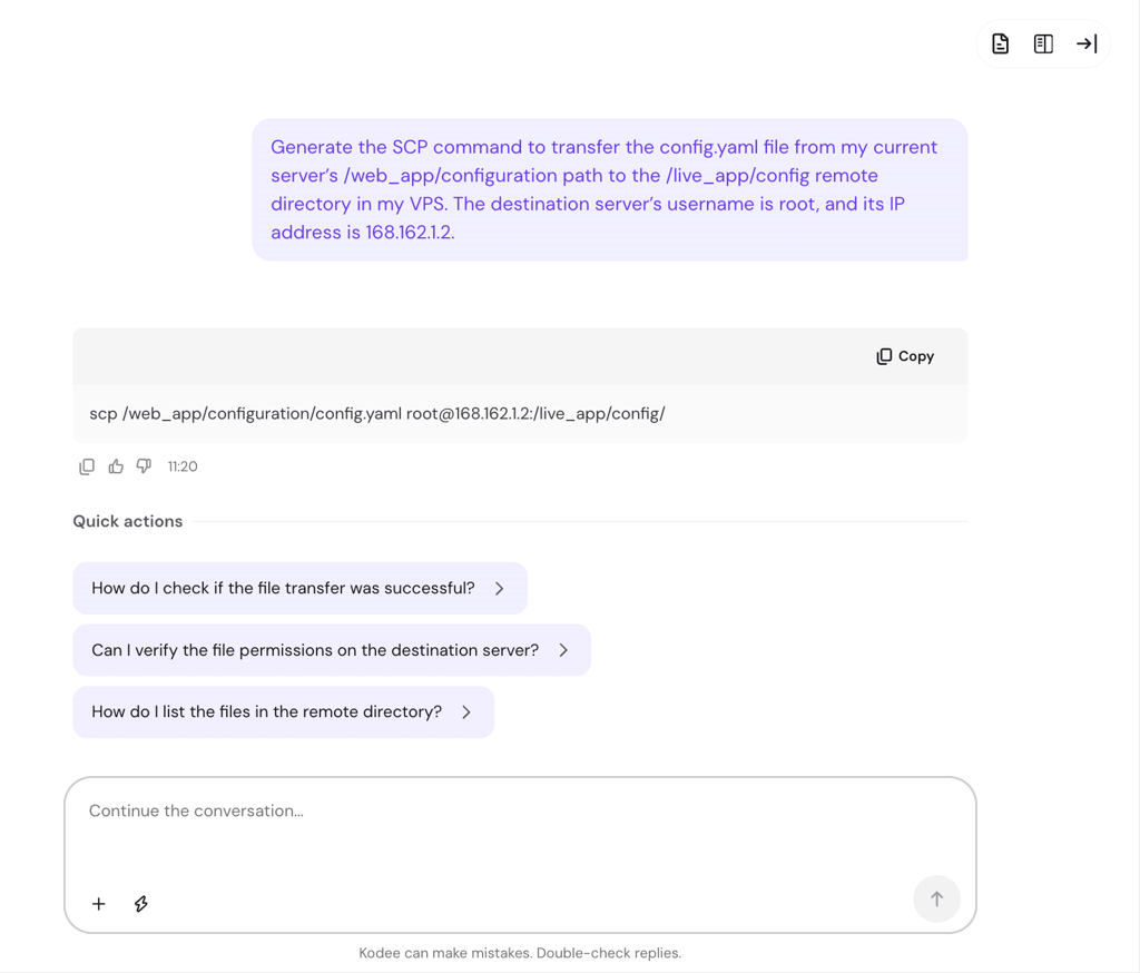 Hostinger Agent generating an SCP command to transfer files