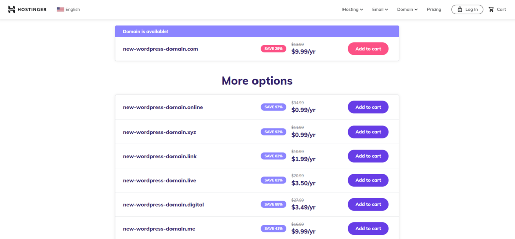 Hostinger showing that your domain name is available and offering more alternatives.