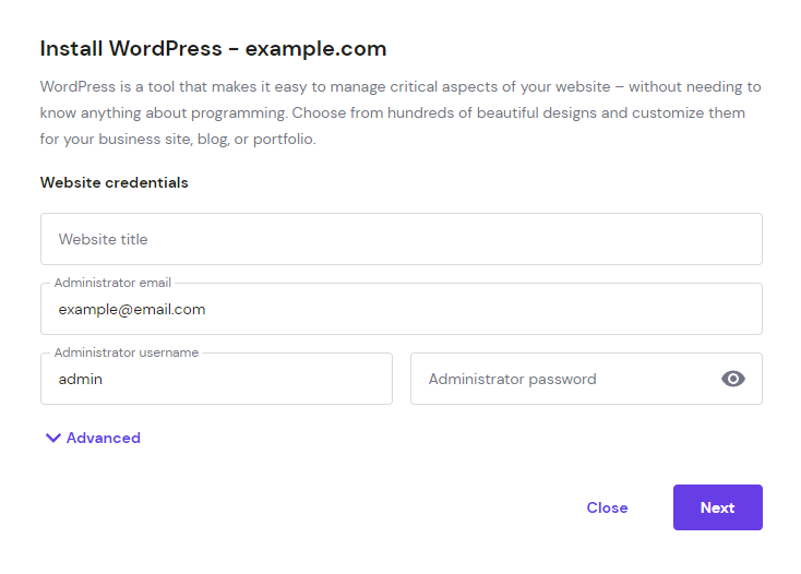 WordPress installation form on hPanel