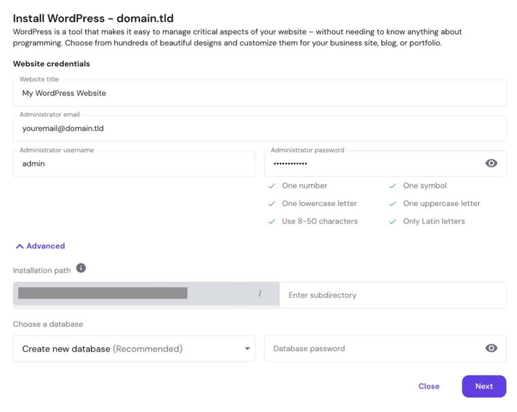 hpanel-wordpress-installer-credentials The Install WordPress modal showing the website credentials form with Website title, Administrator email, username, and password fields, and the Advanced section expanded with the Installation path and database options.