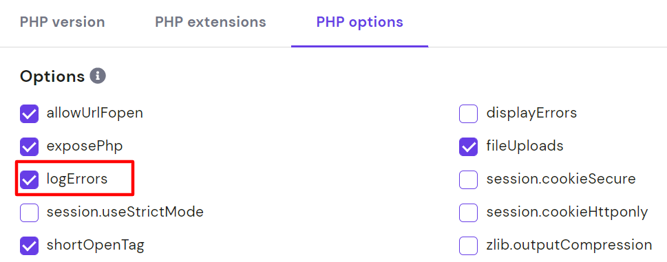Ticking the logErrors checkbox
