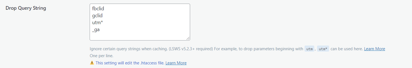 The option to ignore certain query strings when caching.