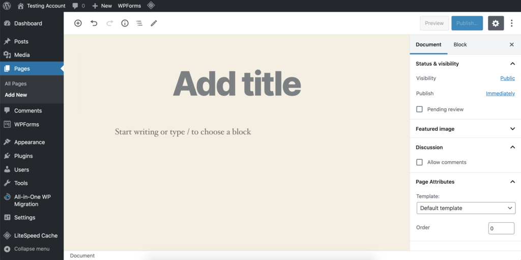Screenshot of the Add New Pages button in the left panel of the WordPress dashboard